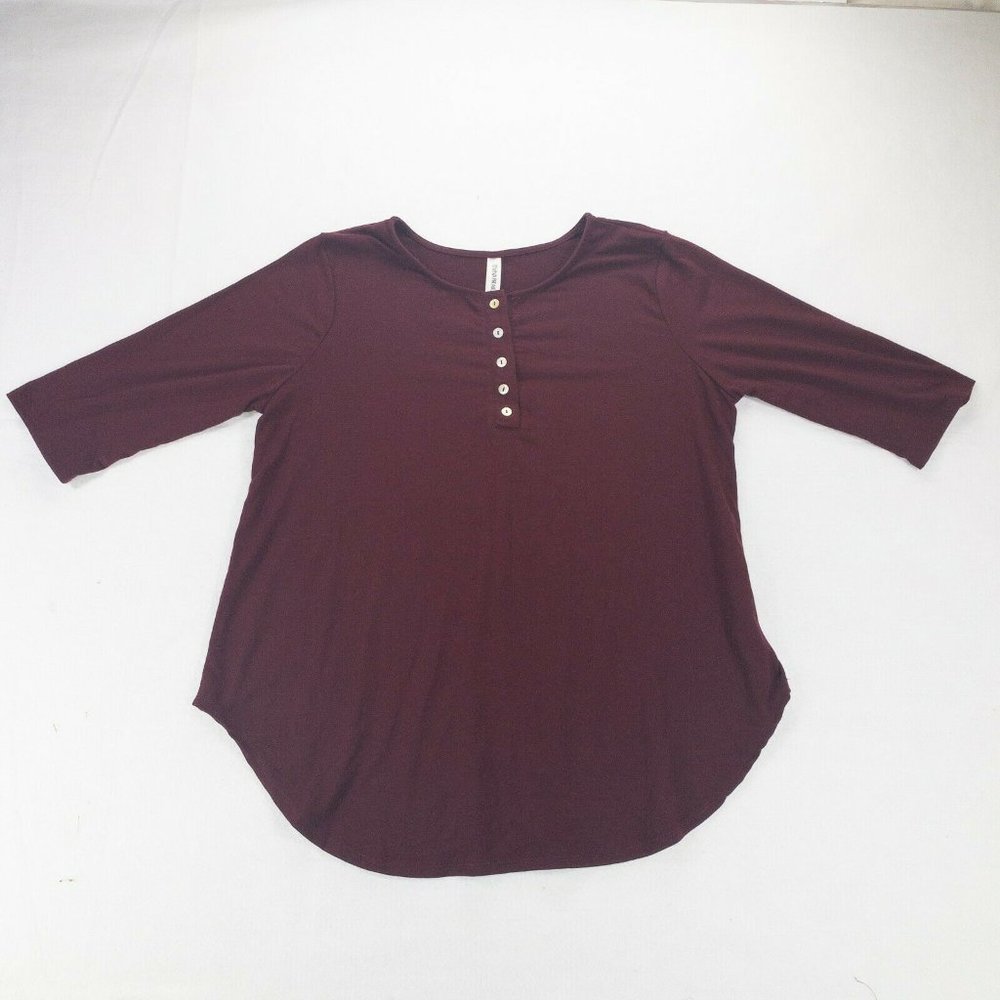 Zenana Womens Shirt Burgundy Large 3/4 Top Sleeve Button Premium Front Soft#1432